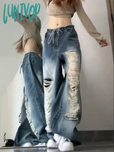 Lunivop Woman Jeans Loose Denim Pants Straight Leg Tie-Dyed Floor-Length Wash Ripped Hole